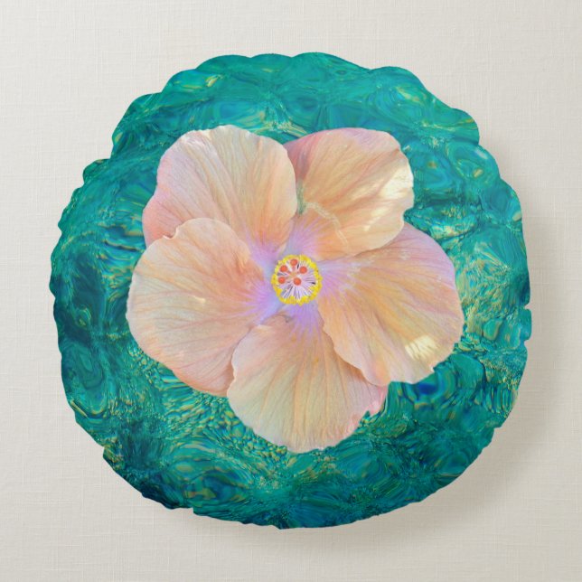 Coussins Ronds Hibiscus fleur turquoise océan rose floral (Devant)