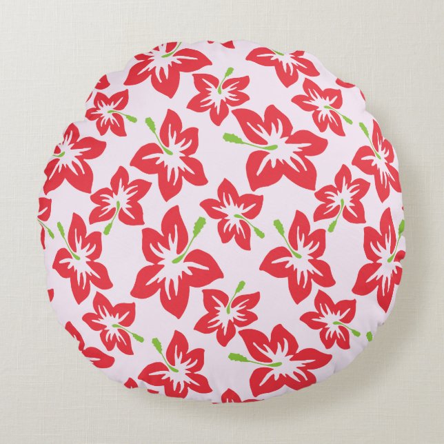 Coussins Ronds Hibiscus Rouge, Fleurs Rouges, Motif De Fleurs (Devant)