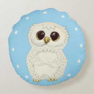 Coussins Ronds Hibou blanc et étoiles sur fond bleu clair