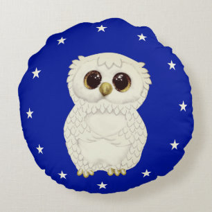 Coussins Ronds Hibou blanc et étoiles sur fond bleu royal