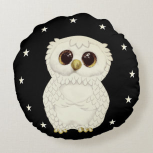Coussins Ronds Hibou blanc et étoiles sur fond noir