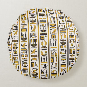 Coussins Ronds Hiéroglyphes égyptiens : Jaune-Noir Sans Seamless.