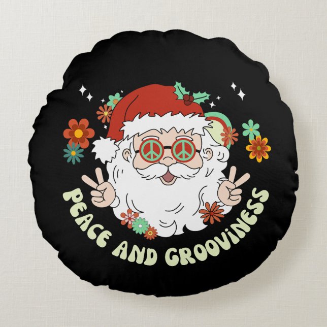 Coussins Ronds Hippie Santa Claus Paix et Grooviness Noël (Devant)