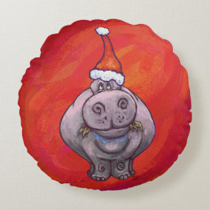 Coussins Ronds Hippo mignon à Santa Hat en rouge