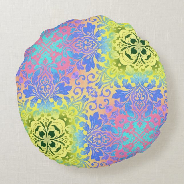 Coussins Ronds hippy chic jaune turquoise aqua bohème (Dos)