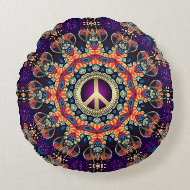 Coussins Ronds Hippy Super Amour & Paix Psychedélique (Devant)