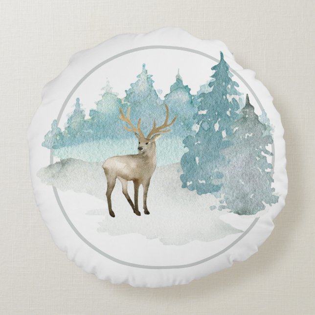 Coussins Ronds Hiver Bois Aquarelle Noël Cerf (Dos)