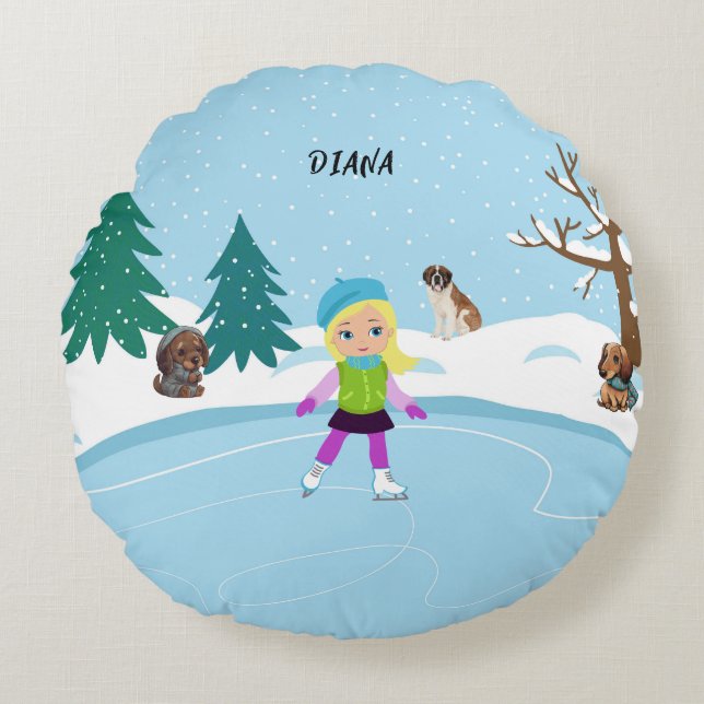 Coussins Ronds Hiver Patinage de glace scène fille (Devant)