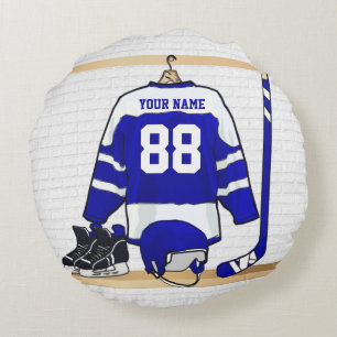 Coussins Ronds Hockey sur glace bleu et blanc personnalisé Jerse