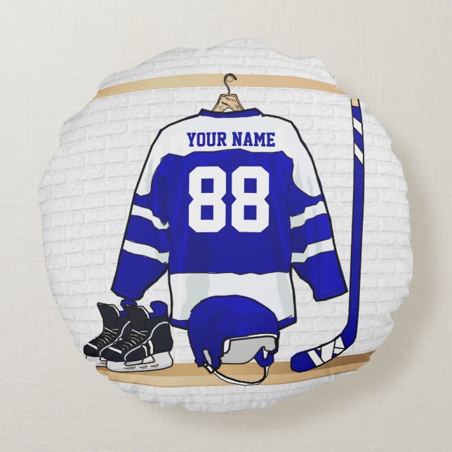 Coussins Ronds Hockey sur glace bleu et blanc personnalisé Jersey (Dos)