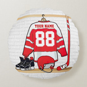 Coussins Ronds Hockey sur glace rouge et blanc personnalisé