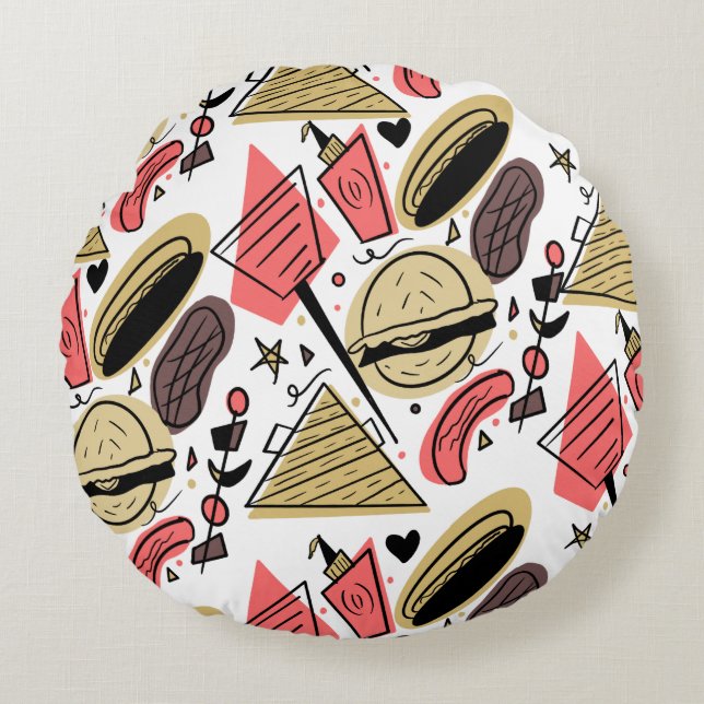 Coussins Ronds Hotdog Burger Doodle BBQ Motif d'anniversaire (Devant)