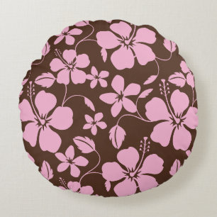 COUSSINS RONDS HULA HAWAIEN (HIBISCUS) BRUN ET ROSE