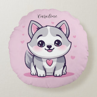 Coussins Ronds Husky Chien Mignon Rose Personnalisé