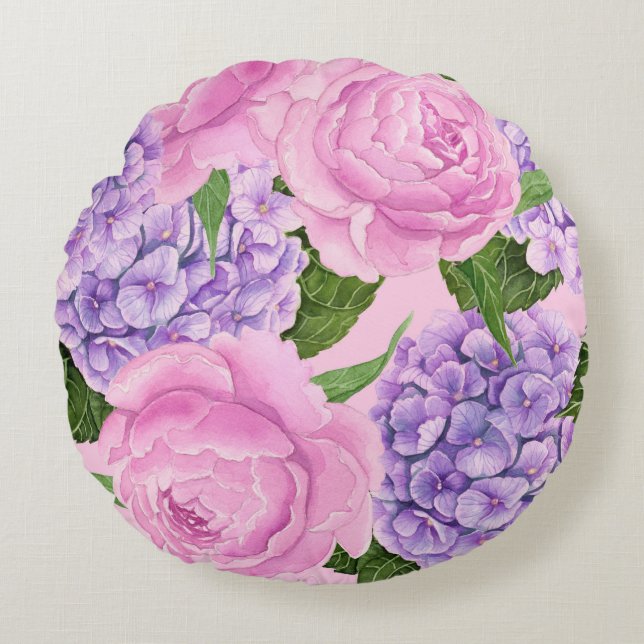 Coussins Ronds Hydrangea et motif de pivoine (Devant)