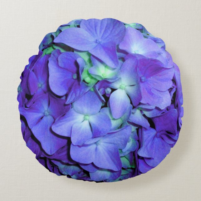Coussins Ronds Hydrangée violette et turquoise, fleurs bleu viole (Devant)