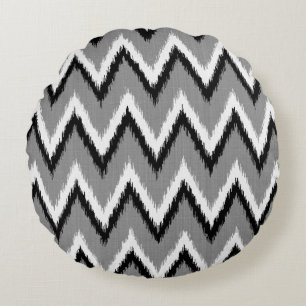 Coussins Ronds Ikat Chevron Gris / Gris, Noir & Blanc