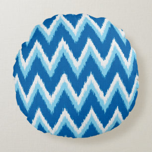 Coussins Ronds Ikat Chevron Stripes - Cobalt, Sky Blue et White
