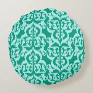 Coussins Ronds Ikat damas mauresque - paon et aqua