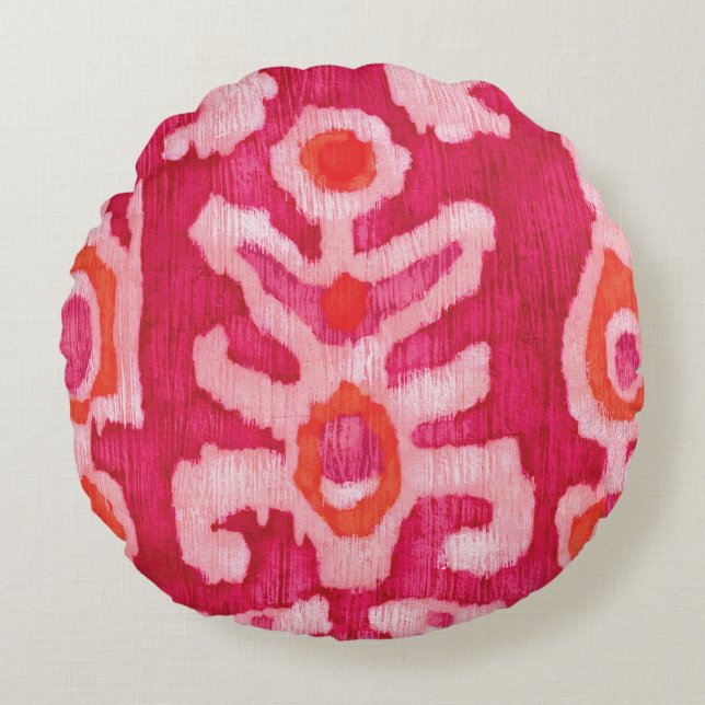 Coussins Ronds Ikat de la tribu rose et orange (Devant)