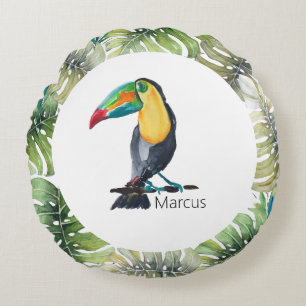 Coussins Ronds Illustration aquarelle exotique de toucan