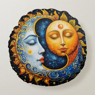 Coussins Ronds Illustration artistique du soleil et de la lune
