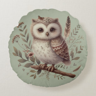 Coussins Ronds Illustration botanique de chouette fantaisiste de 