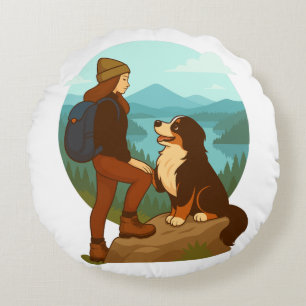 Coussins Ronds Illustration d'aventure de fille et de chien de mo