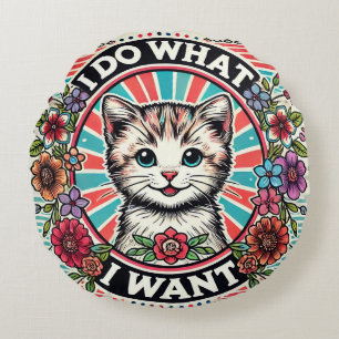 Coussins Ronds Illustration de chat avec des fleurs et un slogan