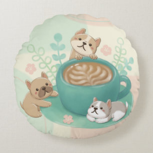 Coussins Ronds Illustration de chiens et de cafés mignons