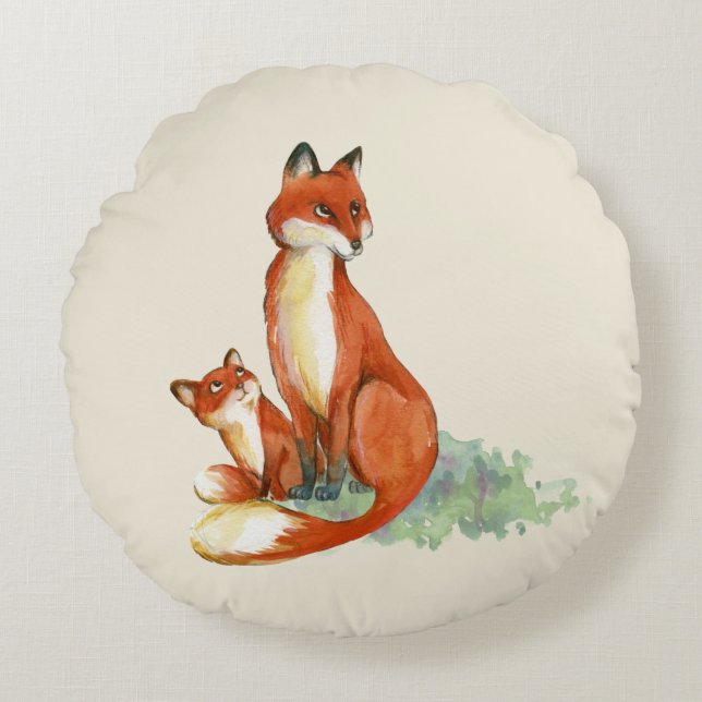 Coussins Ronds Illustration de l'aquarelle Momma Fox et Baby (Devant)