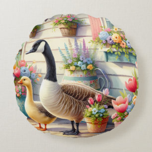 Coussins Ronds Illustration de printemps d'oies de jardin de cott