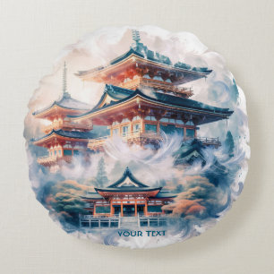 Coussins Ronds Imaginaire mignon Temple japonais Aquarelle
