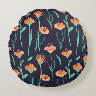 Coussins Ronds Imaginaire Orange Fleurs : Aquarelle Motif foncé.