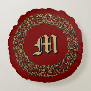 Coussins Ronds Impression de monogramme de couronne florale baroq