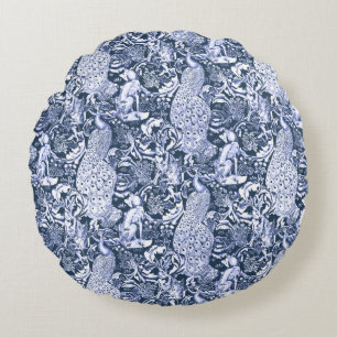 Coussins Ronds Impression de paon Art nouveau, marine et blanc