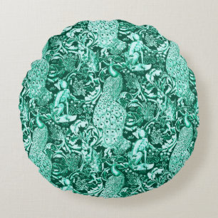 Coussins Ronds Impression de paon Art nouveau, turquoise et aqua