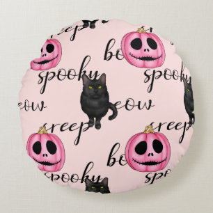 Coussins Ronds Jack-O-Lantern rose et chat noir