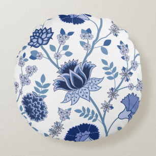 Coussins Ronds Jacobean Floral 2Way Blues Motif blanc
