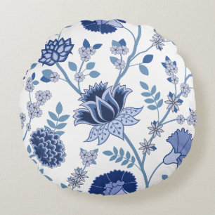 Coussins Ronds Jacobean Floral Lg Motif Bleu sur Blanc