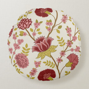 Coussins Ronds Jacobean Floral Lg Motif Reds Pinks Gold Crème