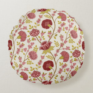 Coussins Ronds Jacobean Floral Pattern Rouge Rose Gold Crème