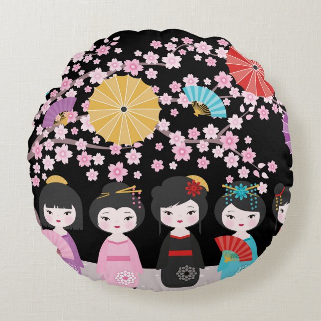 Coussins Ronds Japonais Kokeshi Dolls Noir (Devant)