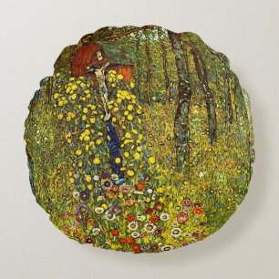 Coussins Ronds Jardin de ferme avec crucifix de Gustav Klimt