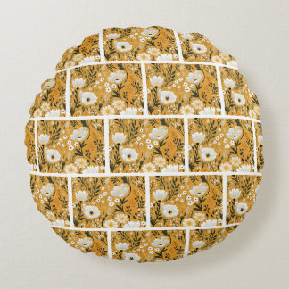 Coussins Ronds Jaune Moutarde et Floral Botanique Blanc