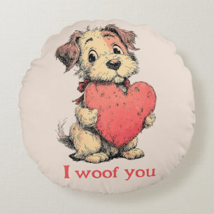 Coussins Ronds Je te woof Puppy Cœur Rétro Saint-Valentin