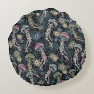 Coussins Ronds Jellyfish et anémones éthériques en Turquoise et r
