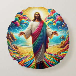 Coussins Ronds Jésus Christ surplombant un beau ciel coloré