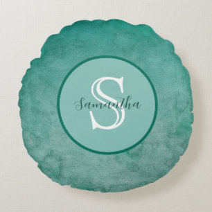 Coussins Ronds Jeté personnalisé à monogramme à l'aquarelle vert 