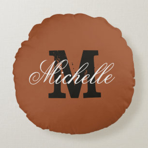 Coussins Ronds Jeté rond brun sienna personnalisé avec monogramme